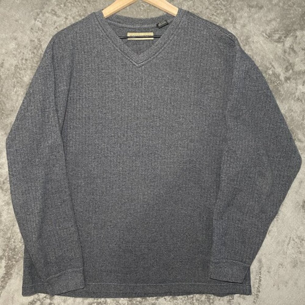 NATURALIFE Men's Gray V Neck Sweater 100% Cotton Pullover Long Sleeve Large
